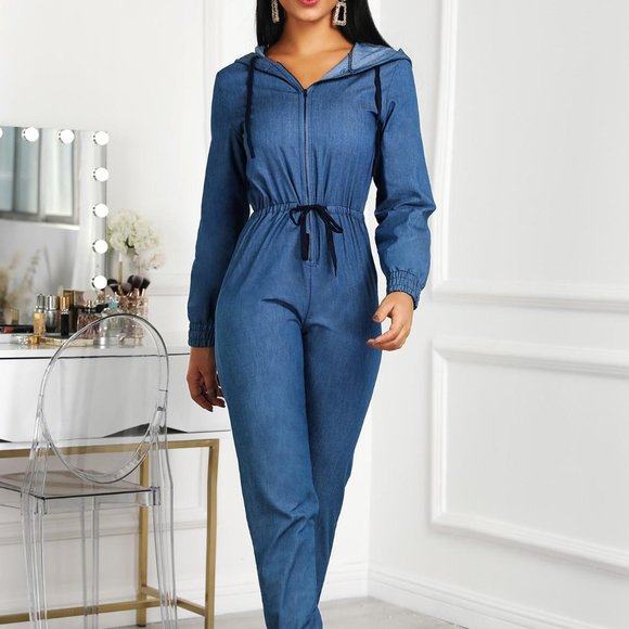 Blue Denim Zipper Up Drawstring Jumpsuit - Picture 2 of 5